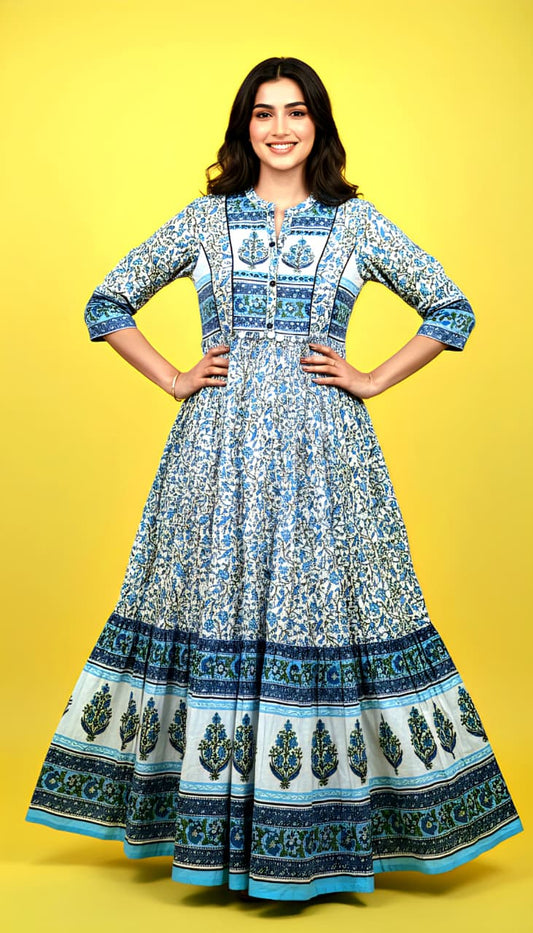 Blue & White Floral Printed Anarkali Dress