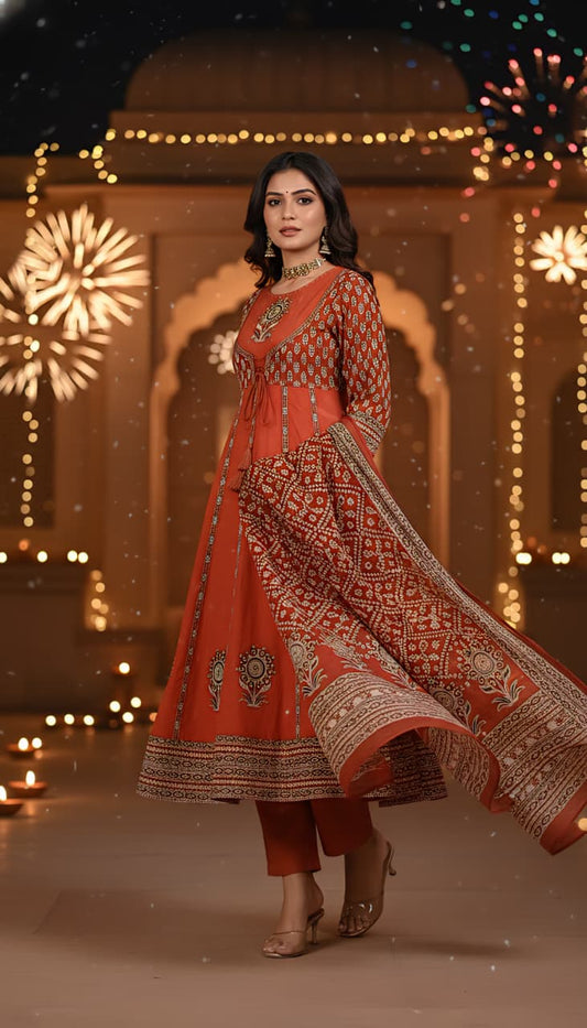 Rust Orange Embroidered Angrakha Style Anarkali Set with Bandhani Print Dupatta