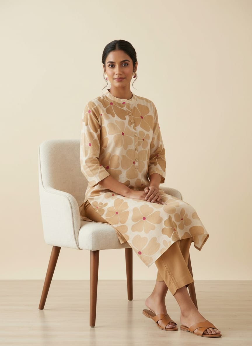Floral Beige Cotton Kurti