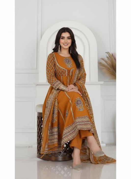 Mustard Embroidered Anarkali Set