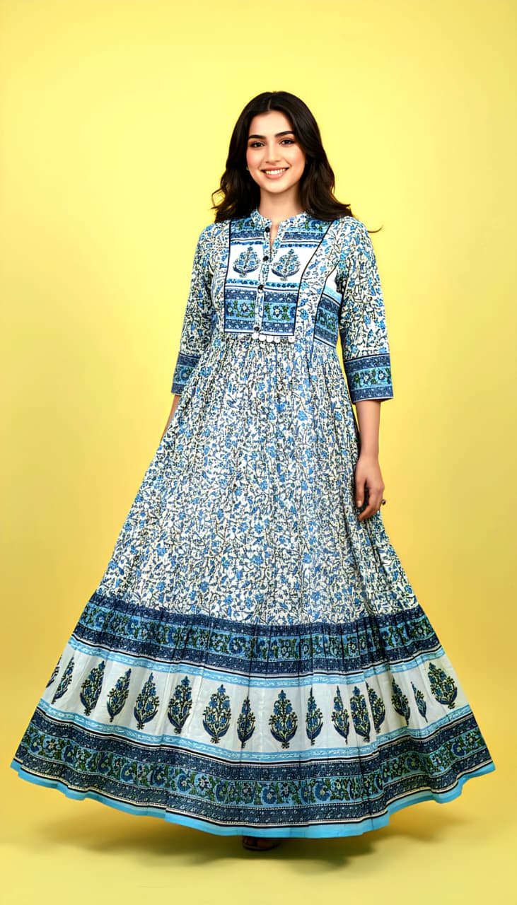 Blue & White Floral Printed Anarkali Dress