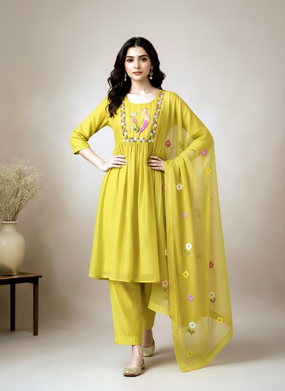 Elegant Young Olive Green Embroidered Anarkali Salwar Suit Set