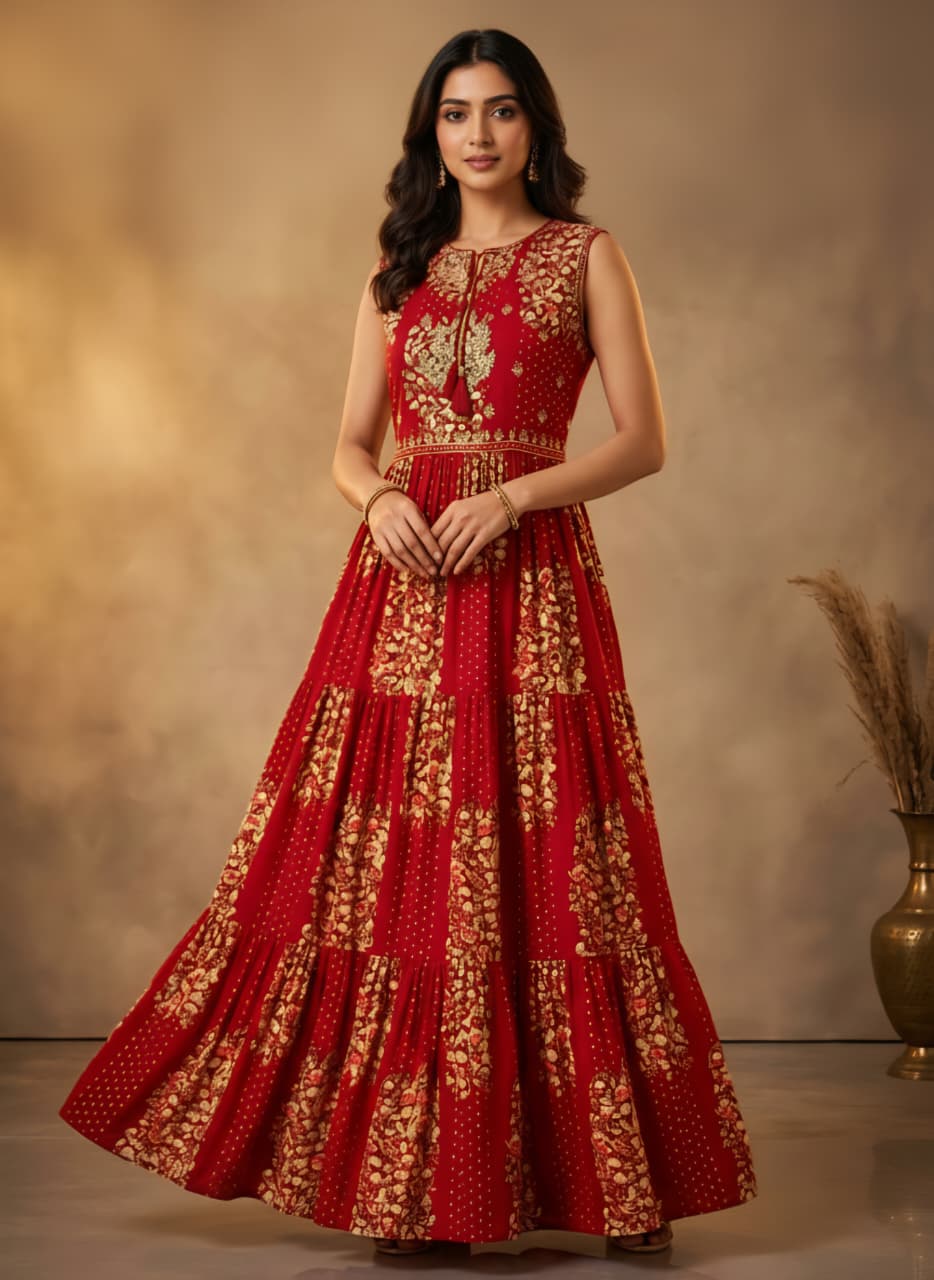 Elegant Crimson & Gold Tiered Anarkali Gown
