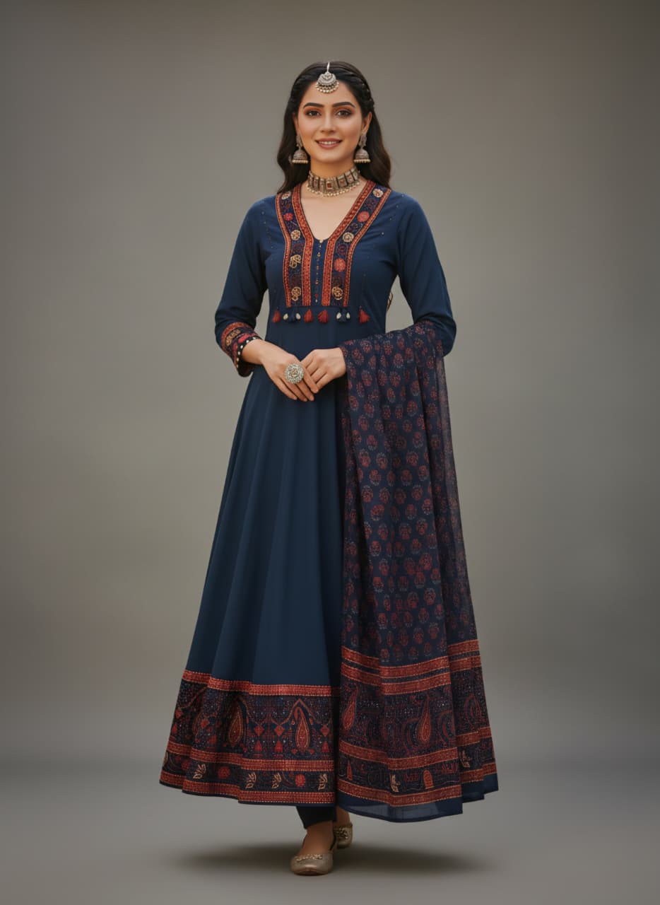 Royal Navy Blue Embroidered Anarkali Suit Set