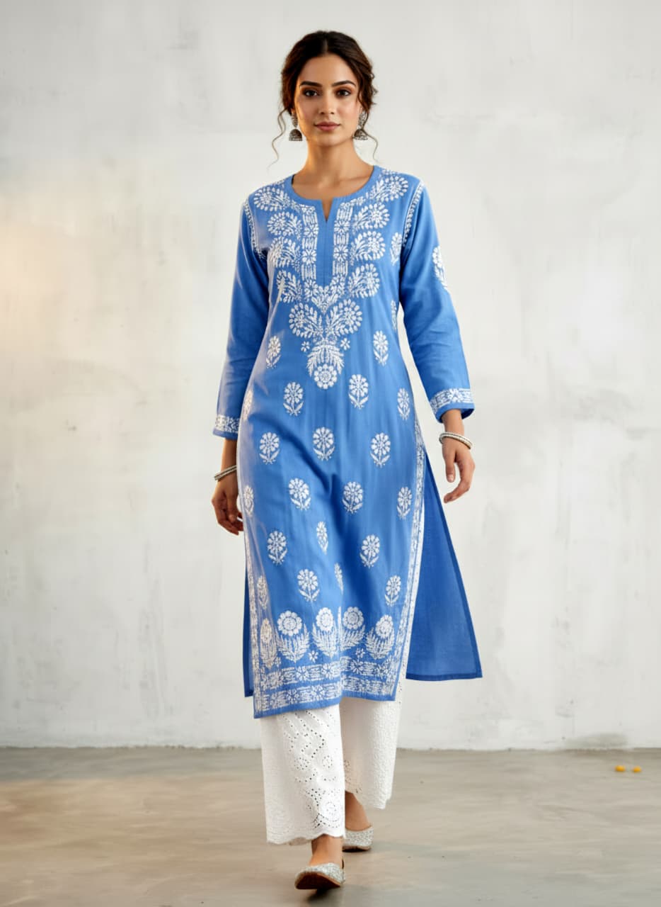 Lucknowi Chikankari Kurti for Women | Blue Cotton Hand-Embroidered Floral Long Kurti