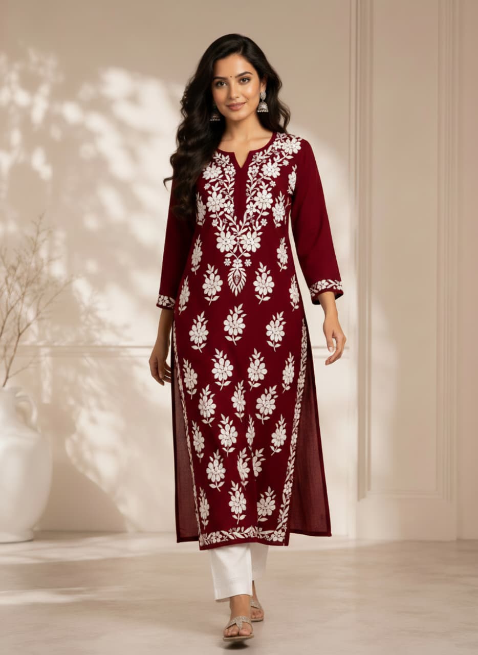 Lucknowi Chikankari Kurti for Women | Maroon Cotton Hand-Embroidered Floral Long Kurti (Copy)