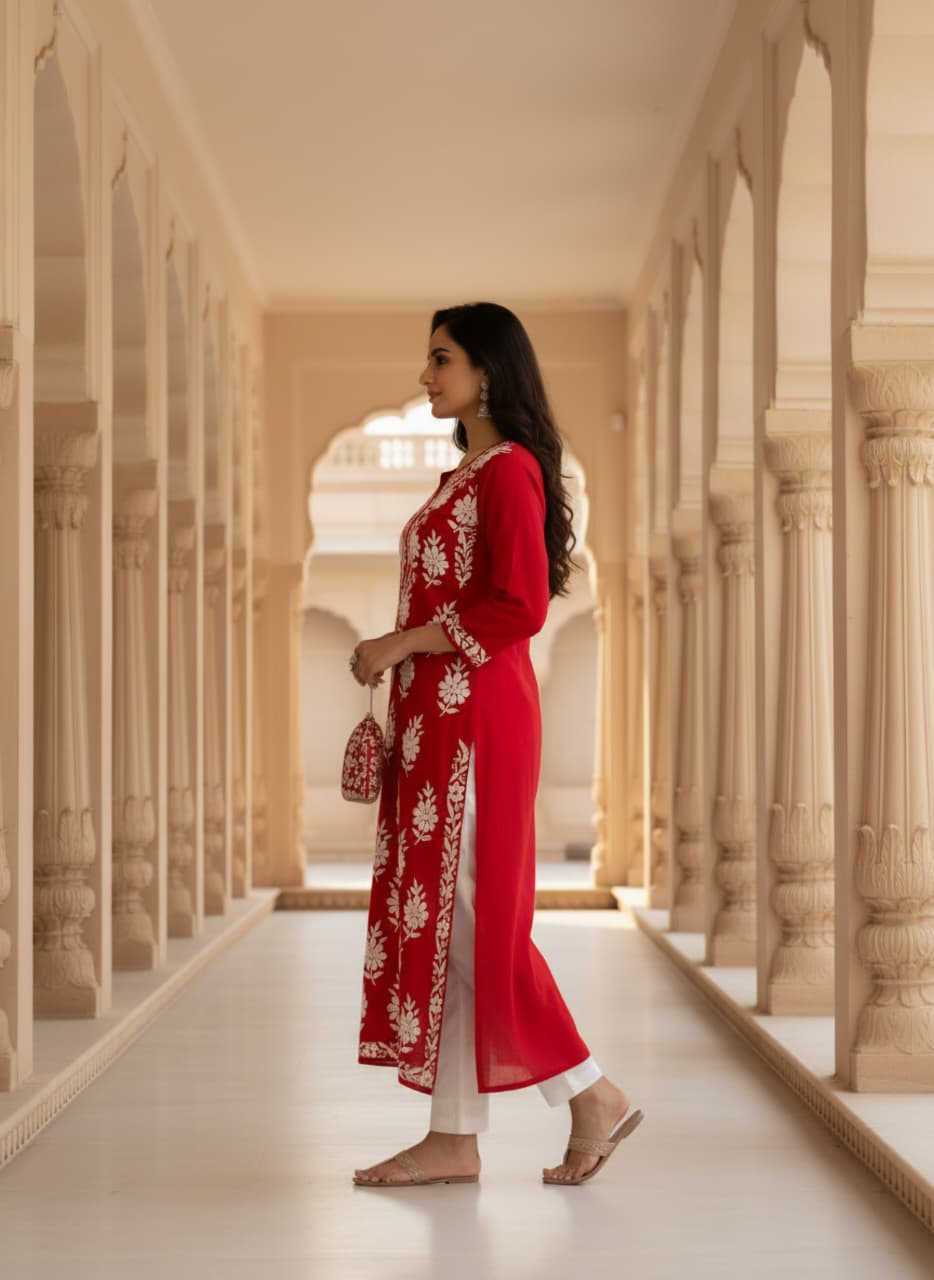 Lucknowi Chikankari Kurti for Women | Red Cotton Hand-Embroidered Floral Long Kurti (Copy) (Copy)