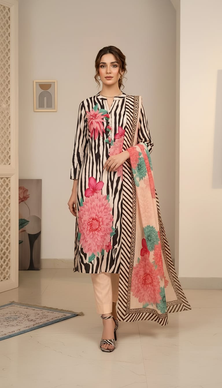 Black and Cream Zebra Print Kurta Set with Floral Motifs