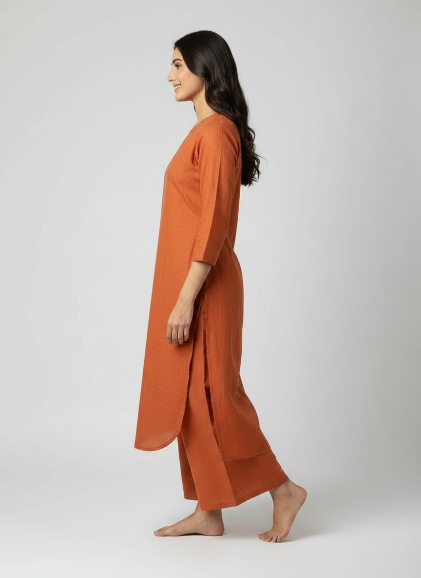 Rust Orange Linen Co-ord Set for Women | Straight Kurta & Wide-Leg Pants