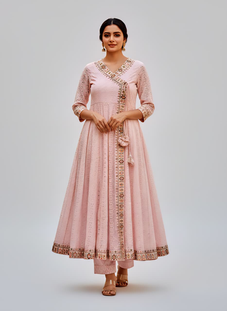 Divena Light Pink Cotton Angrakha Anarkali Set