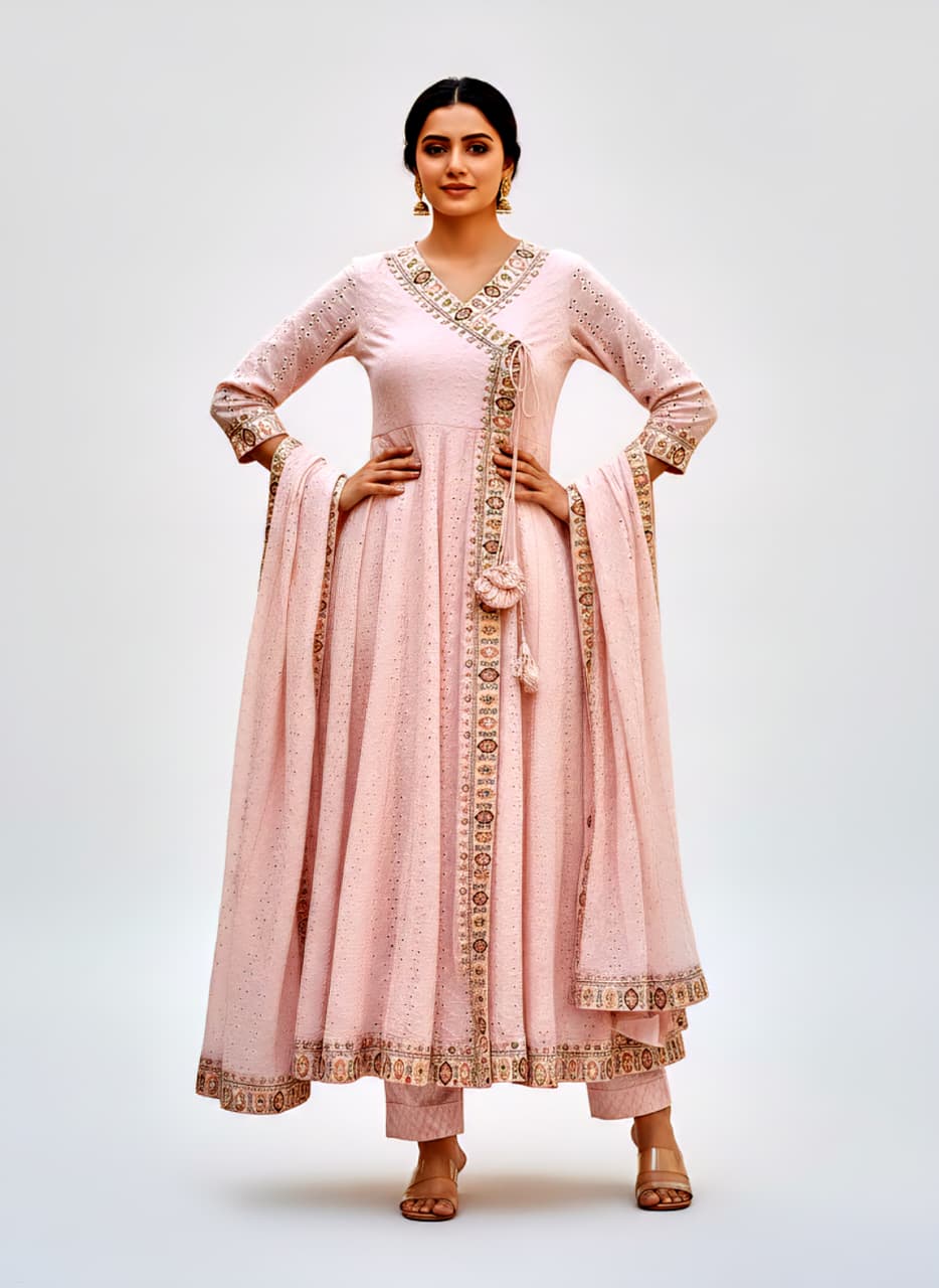 Divena Light Pink Cotton Angrakha Anarkali Set