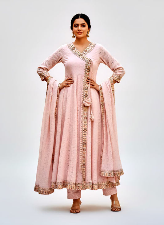 Divena Light Pink Cotton Angrakha Anarkali Set