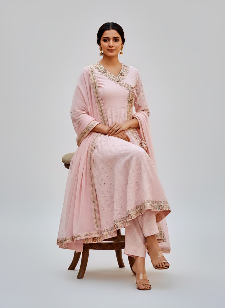 Divena Light Pink Cotton Angrakha Anarkali Set