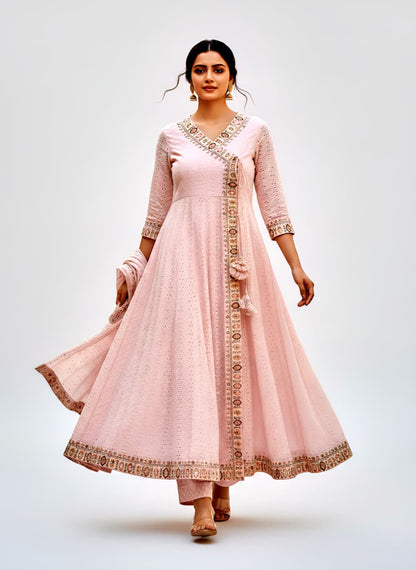 Divena Light Pink Cotton Angrakha Anarkali Set