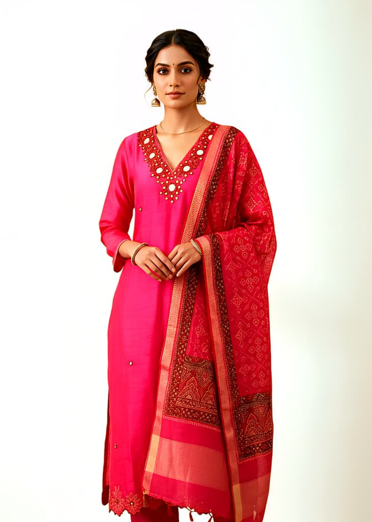 Fuchsia Silk Blend Straight Kurta Set with Mirror-Work Yoke & Bandhani Dupatta