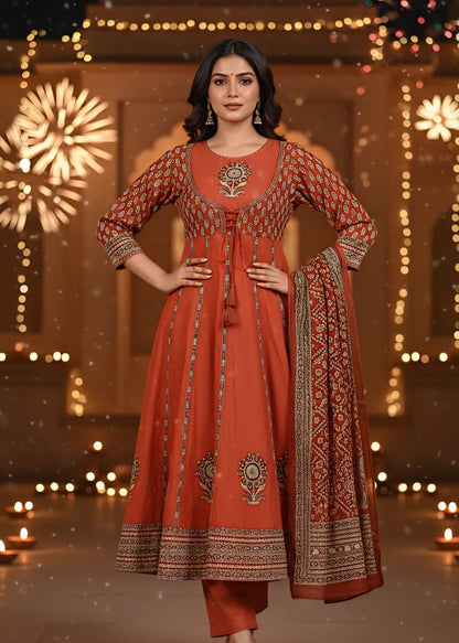 Rust Orange Embroidered Angrakha Style Anarkali Set with Bandhani Print Dupatta