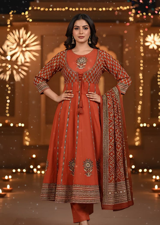 Rust Orange Embroidered Angrakha Style Anarkali Set with Bandhani Print Dupatta