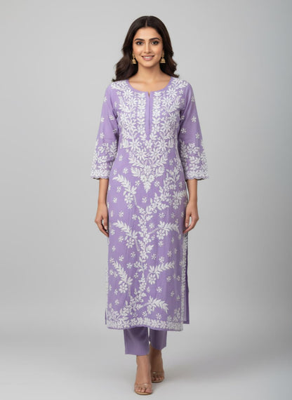 Lucknowi Chikankari Kurti for Women | Lavender Cotton Hand-Embroidered Floral Long Kurti (Copy) (Copy) (Copy)