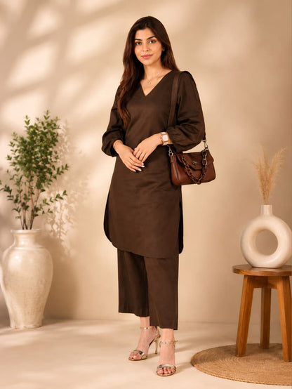 Mocha Brown Linen Co-ord Set for Women | V-Neck Kurta & Straight Pants