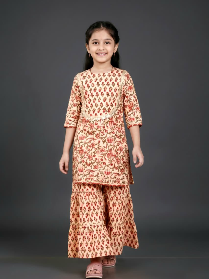 Girls Floral Printed Kurta with Sharara Set | Premium Cotton Ethnic Wear | Beige & Rust