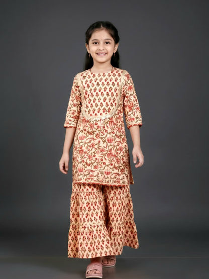Girls Floral Printed Kurta with Sharara Set | Premium Cotton Ethnic Wear | Beige & Rust