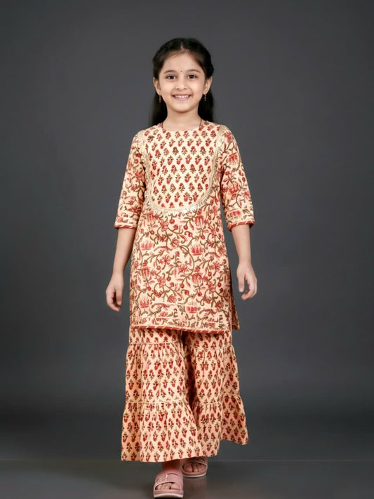 Girls Floral Printed Kurta with Sharara Set | Premium Cotton Ethnic Wear | Beige & Rust