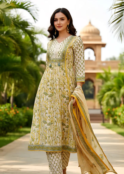 Elegant Floral Printed Cotton Anarkali Kurta Set with Trousers & Dupatta