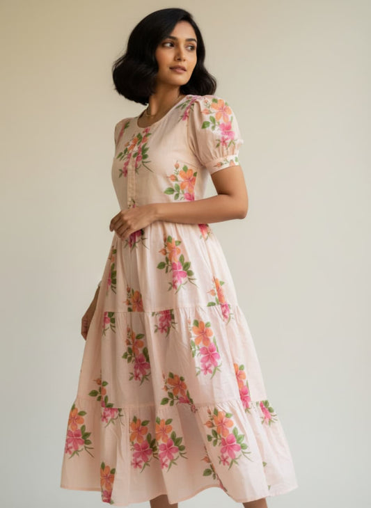 Women's Peach Floral Cotton Tiered Midi Dress