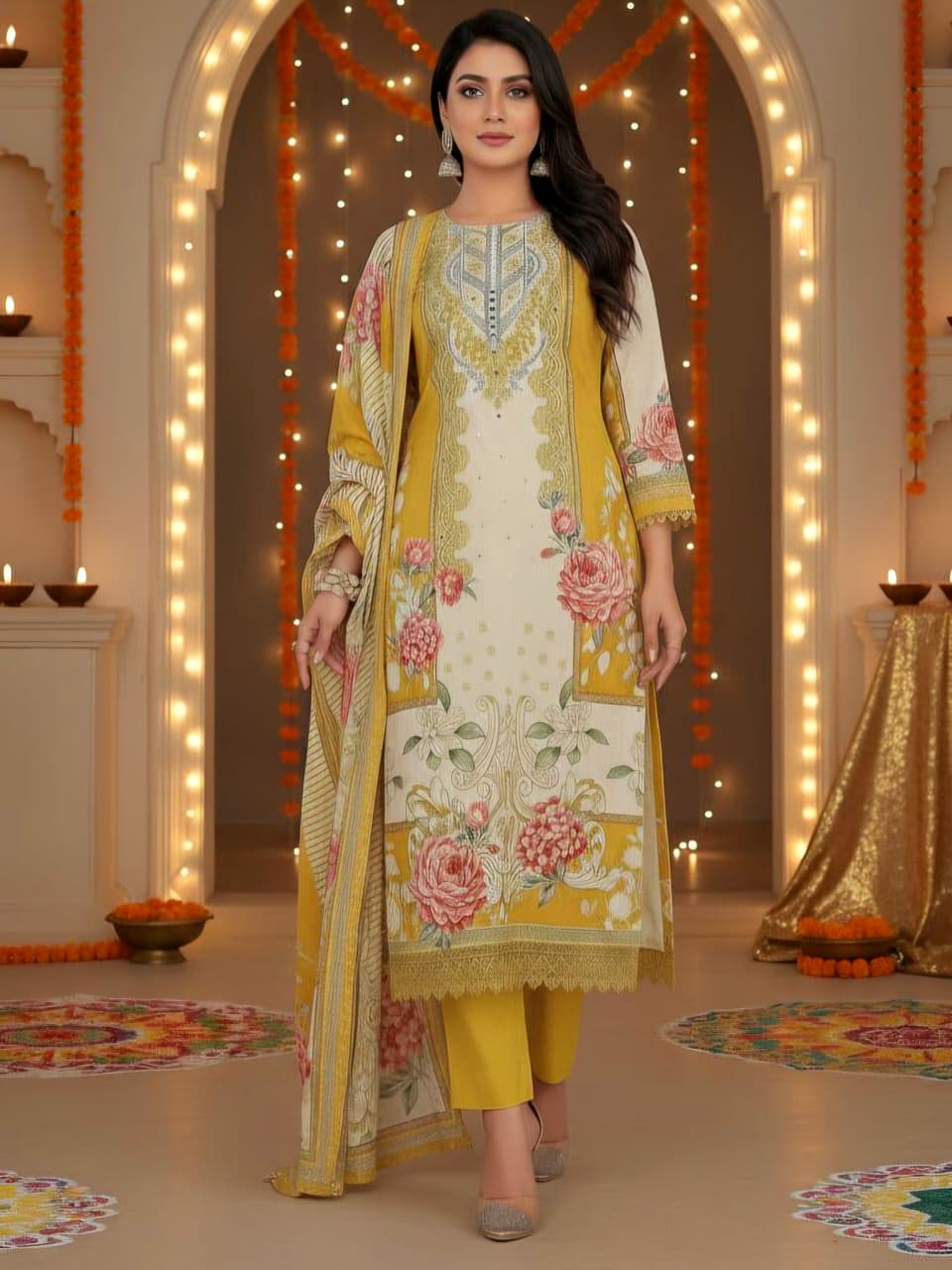 Elegant Floral Mustard & Cream Three-Piece Suit