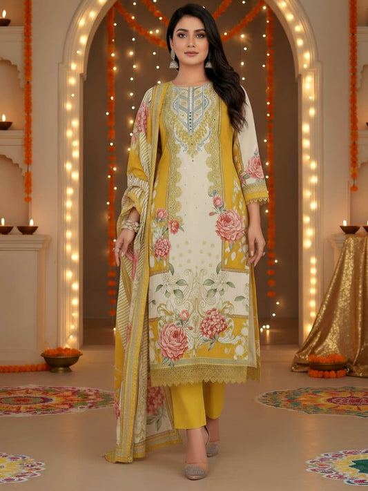 Elegant Floral Mustard & Cream Three-Piece Suit
