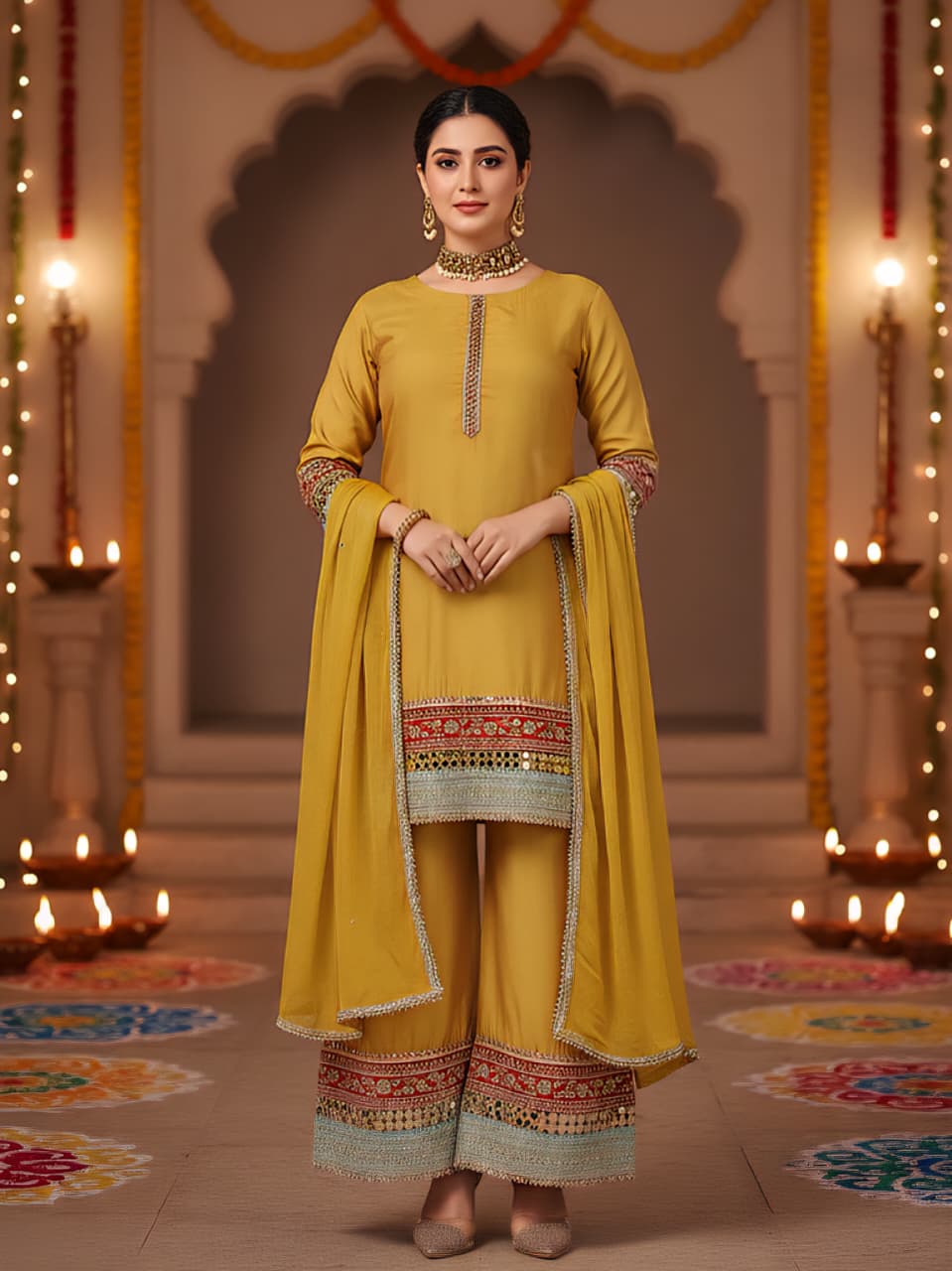 Radiant Mustard Yellow Embroidered Palazzo Suit Set