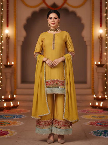 Radiant Mustard Yellow Embroidered Palazzo Suit Set