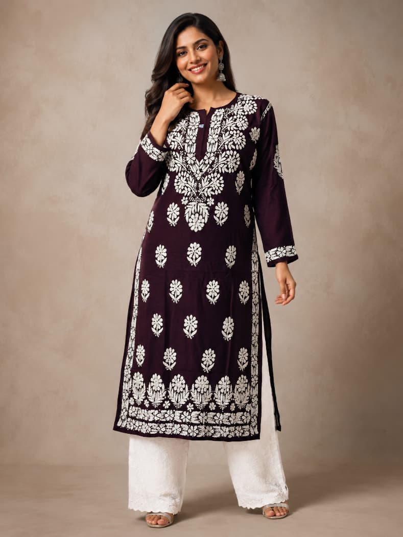 Lucknowi Chikankari Kurti for Women | Dark Brown Cotton Hand-Embroidered Floral Long Kurti
