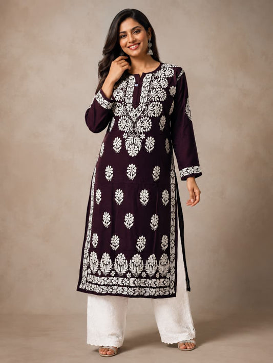 Lucknowi Chikankari Kurti for Women | Dark Brown Cotton Hand-Embroidered Floral Long Kurti