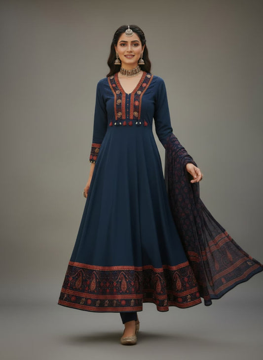 Royal Navy Blue Embroidered Anarkali Suit Set