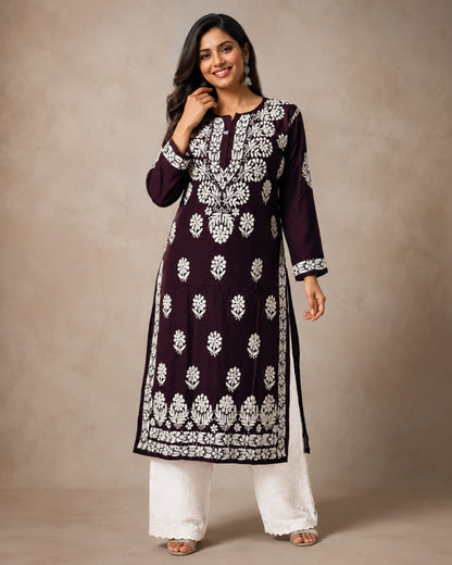 Lucknowi Chikankari Kurti for Women | Brown Cotton Hand-Embroidered Floral Long Kurti