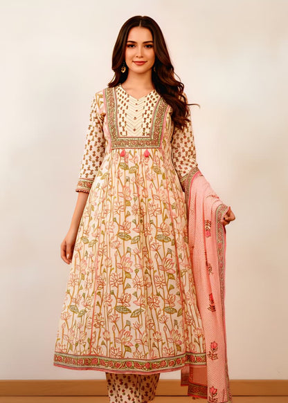 Off-White & Pink Floral Printed Cotton Anarkali Suit Set