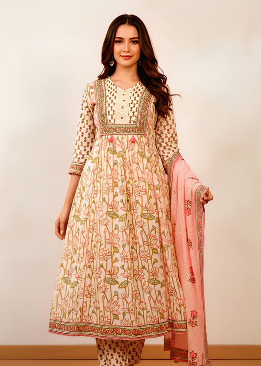 Off-White & Pink Floral Printed Cotton Anarkali Suit Set