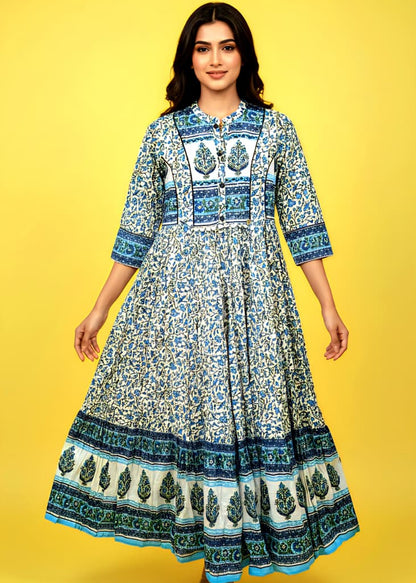 Blue & White Floral Printed Anarkali Dress