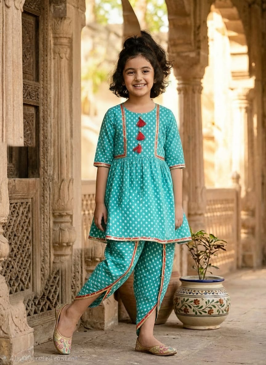 Premium Cotton Kurta & Dhoti Pant Set for Girls – Turquoise Ethnic Wear