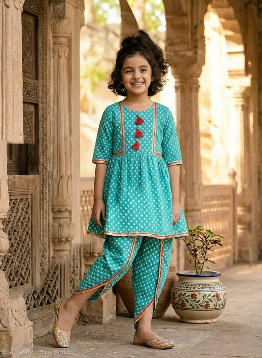 Premium Cotton Kurta & Dhoti Pant Set for Girls – Turquoise Ethnic Wear