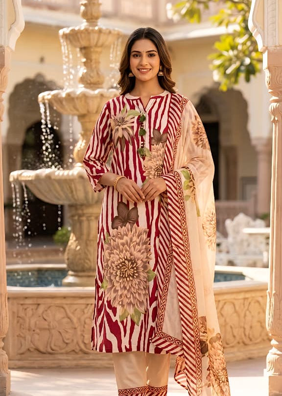 Maroon and Cream Zebra Print Kurta Set with Floral Motifs