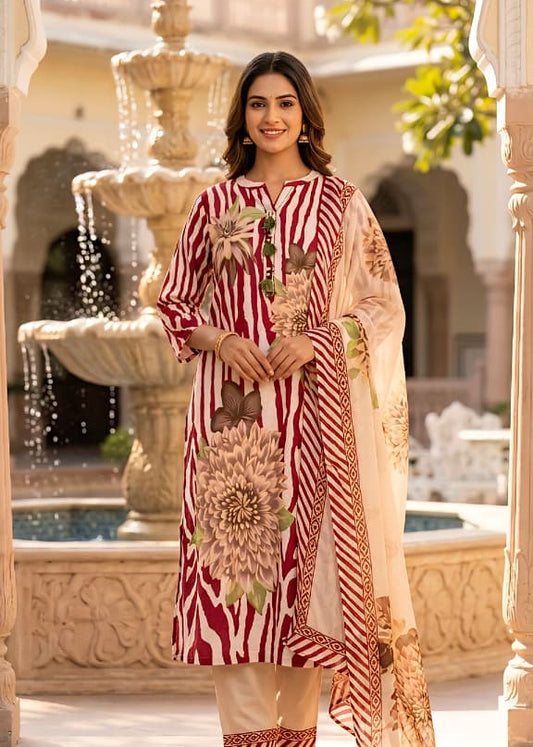 Maroon and Cream Zebra Print Kurta Set with Floral Motifs