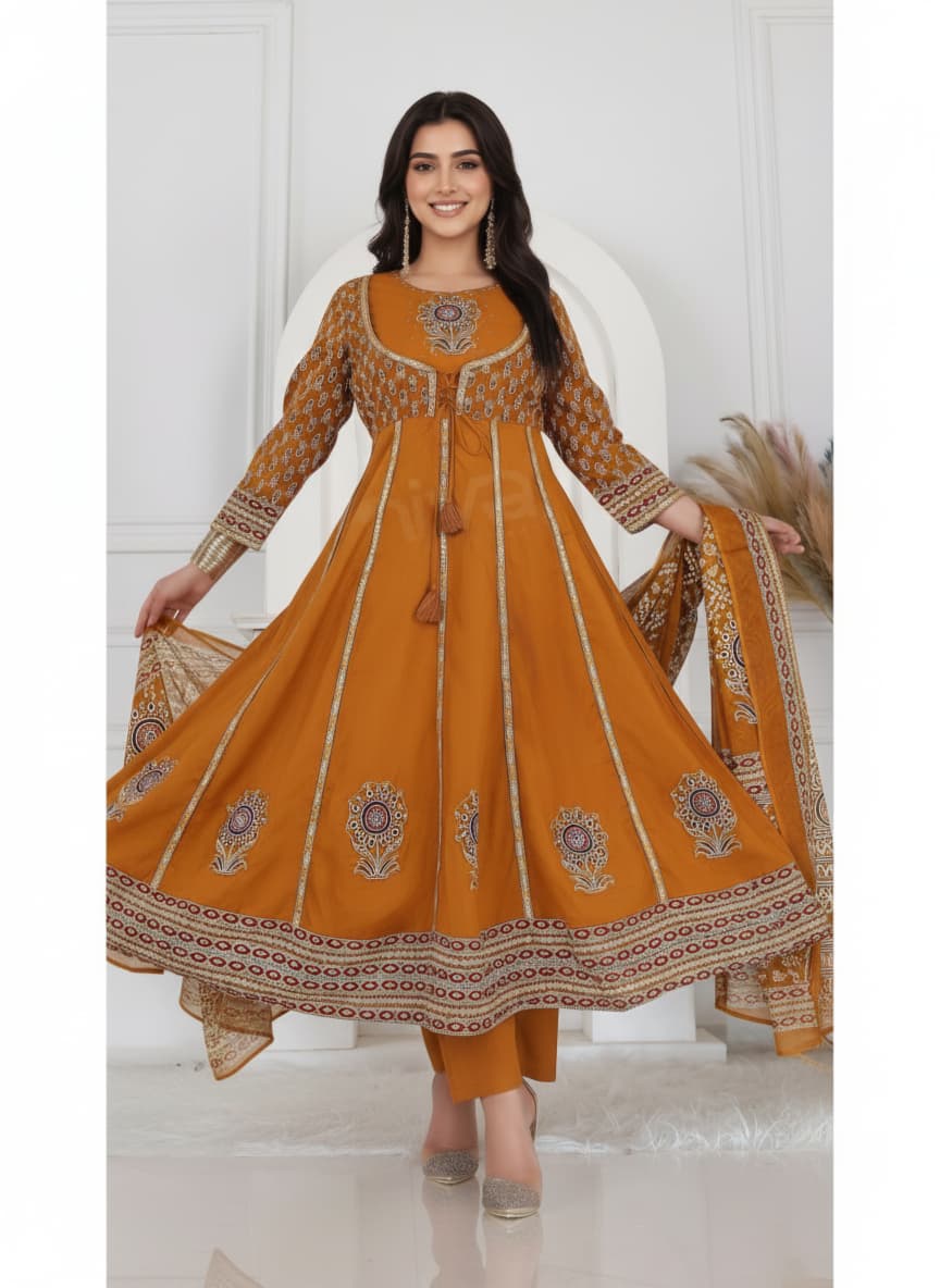 Mustard Embroidered Anarkali Set