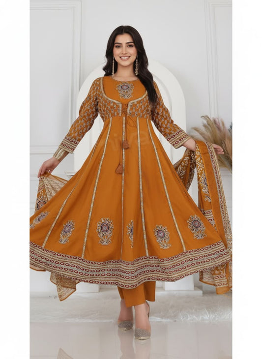 Mustard Embroidered Anarkali Set
