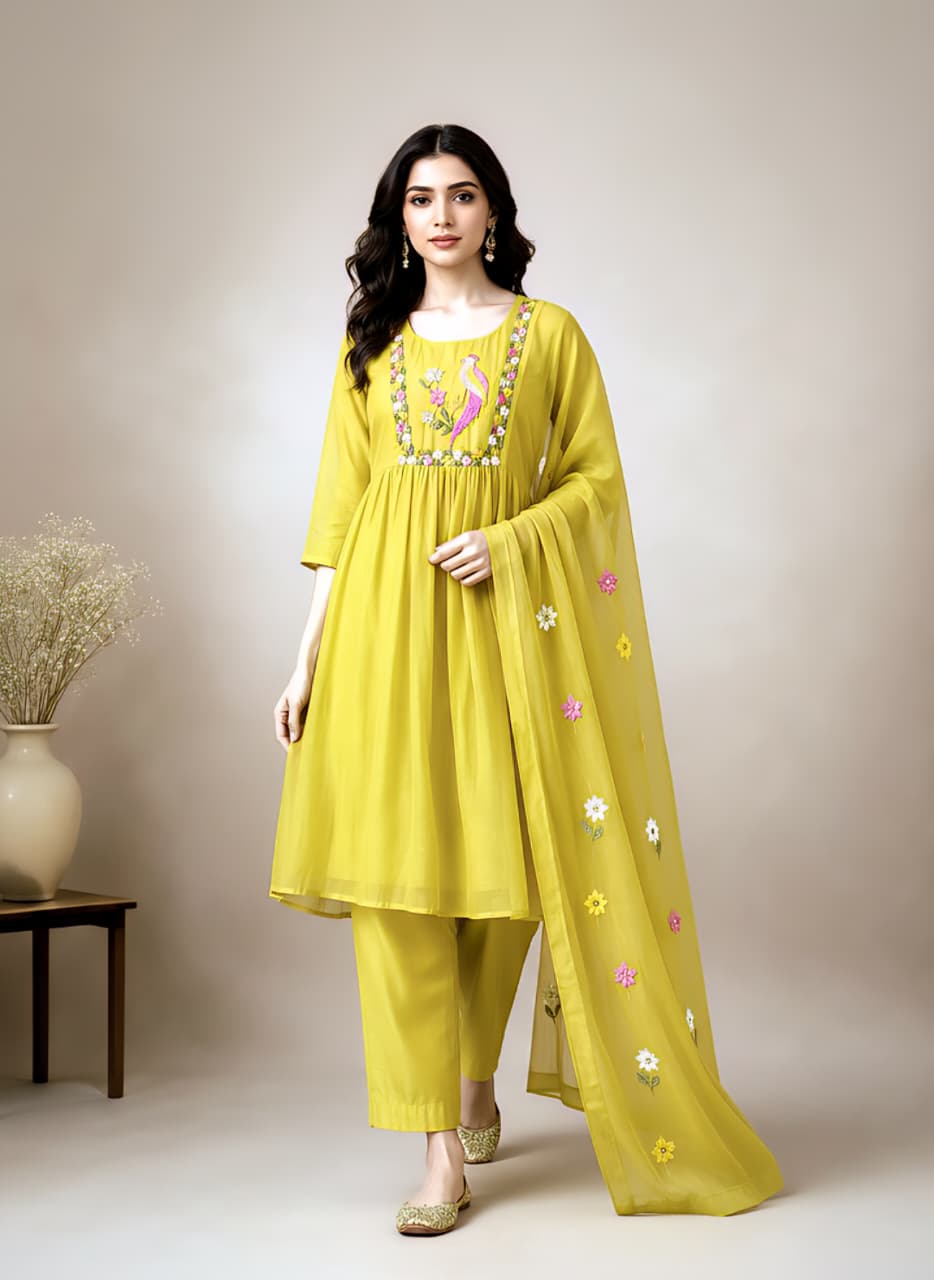 Elegant Young Olive Green Embroidered Anarkali Salwar Suit Set