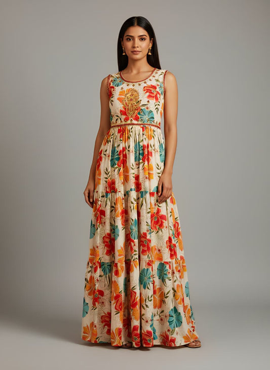 Ivory Floral Tiered Gown