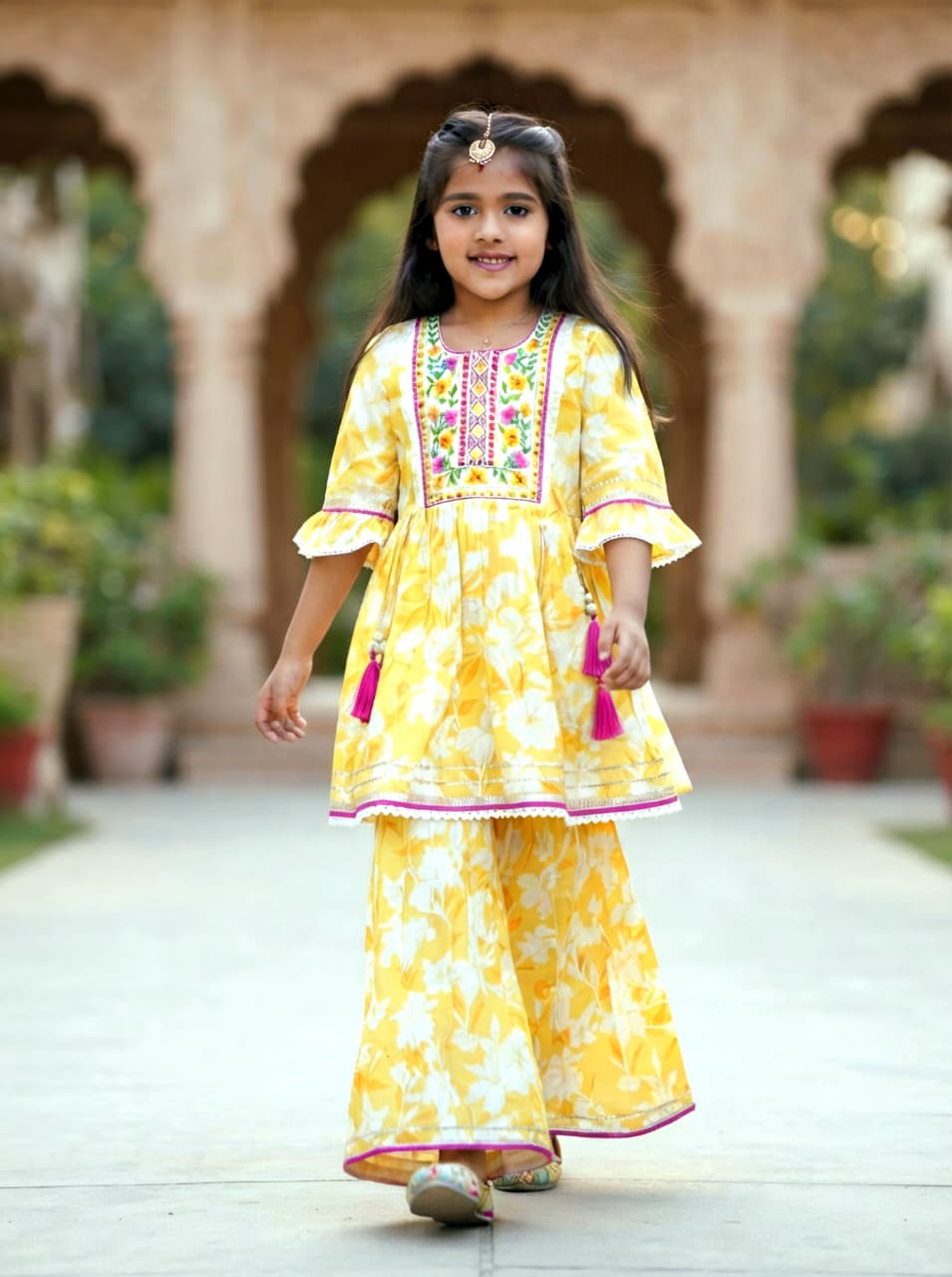 Girls Yellow Floral Kurta Sharara Set | Festive Ethnic Wear