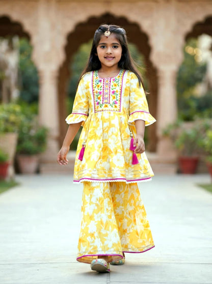 Girls Yellow Floral Kurta Sharara Set | Festive Ethnic Wear