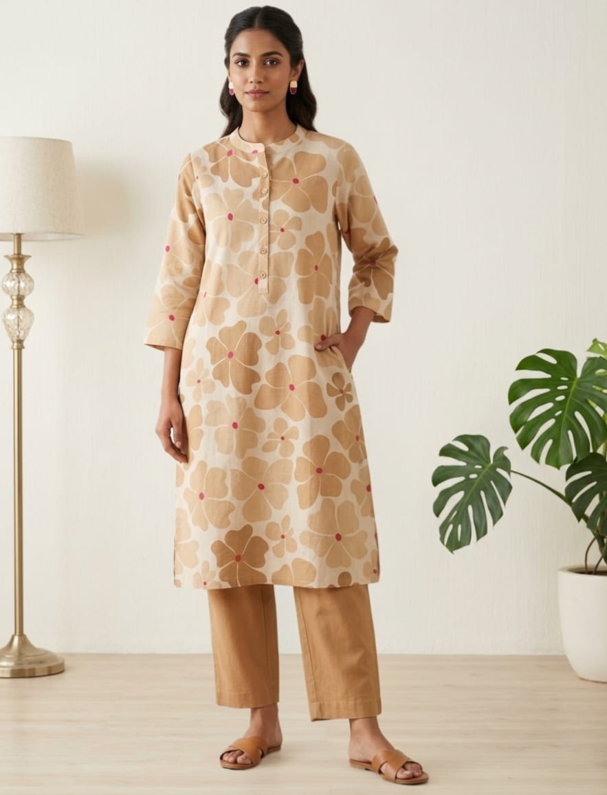 Floral Beige Cotton Kurti